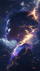 Surreal representation of a glowing child surrounded by cosmic elements at twilight