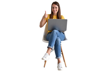 smiling woman in casual jeans and a yellow shirt, seated on a modern chair with a laptop