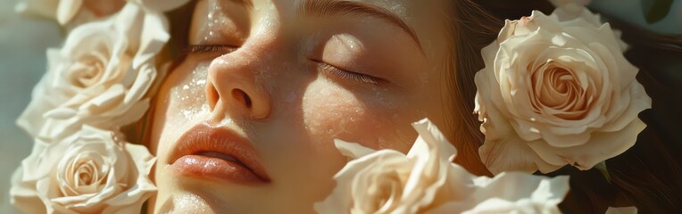 Naklejka premium Serene portrait of a woman's face glowing among delicate roses in a peaceful setting