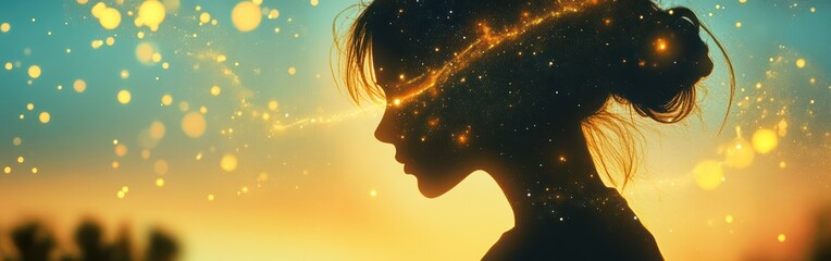 Fototapeta premium Serene portrait of a woman glowing with stars during a colorful sunset in a tranquil outdoor setting