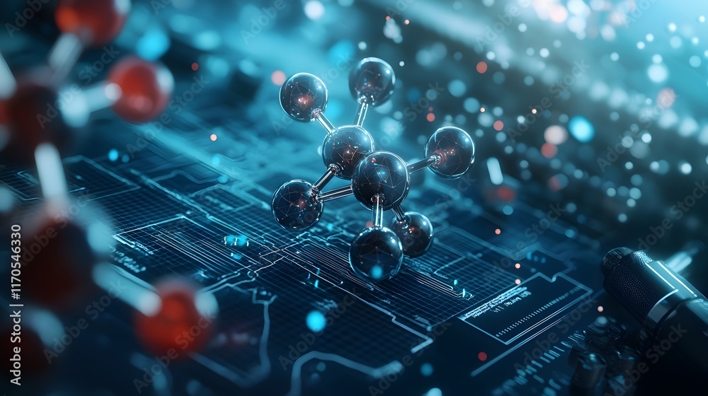 Poster quantum computer visualizing the equilibrium of a chemical reaction in solution with holographic mol