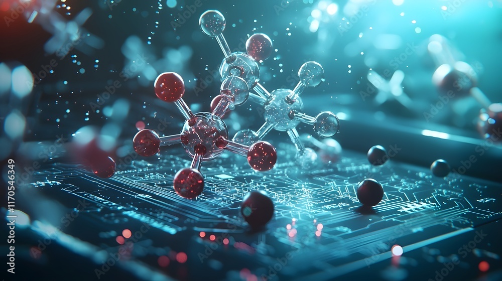 Poster quantum computer visualizing the equilibrium of a chemical reaction in solution displaying holograph