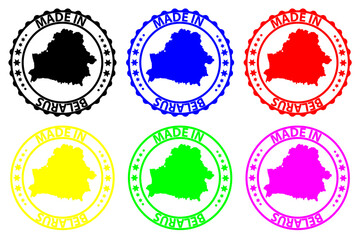 Made in Belarus - rubber stamp - vector, Belarus map pattern - black, blue, green, yellow, purple and red