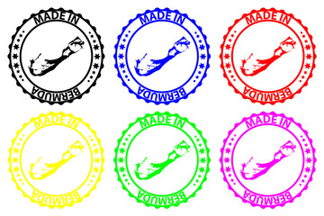Made in Bermuda - rubber stamp - vector, Bermuda map pattern - black, blue, green, yellow, purple and red