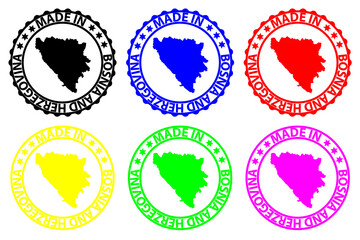 Made in Bosnia and Herzegovina - rubber stamp - vector, Bosnia and Herzegovina map pattern - black, blue, green, yellow, purple and red