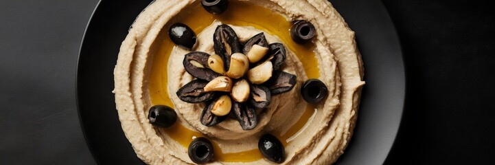 Monochrome hummus with roasted garlic, olives, and dark tahini