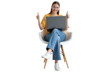isolated confident woman working remotely, showing a thumbs-up