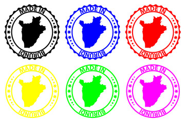 Made in Burundi - rubber stamp - vector, Burundi map pattern - black, blue, green, yellow, purple and red
