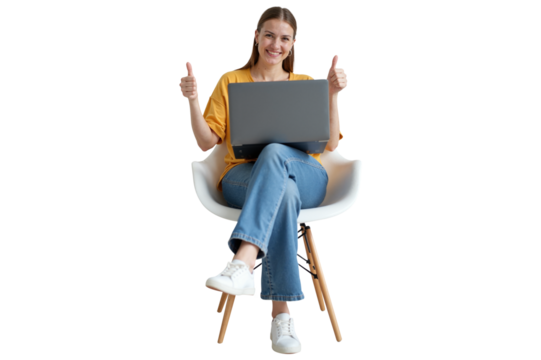 isolated confident woman working remotely, showing a thumbs-up