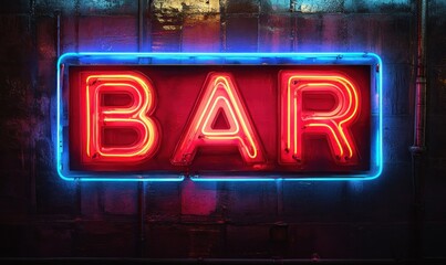 Fototapeta premium Vibrant Neon BAR Sign Illuminated in Red and Blue Against Dark Textured Wall for Nostalgic Nightlife Ambiance