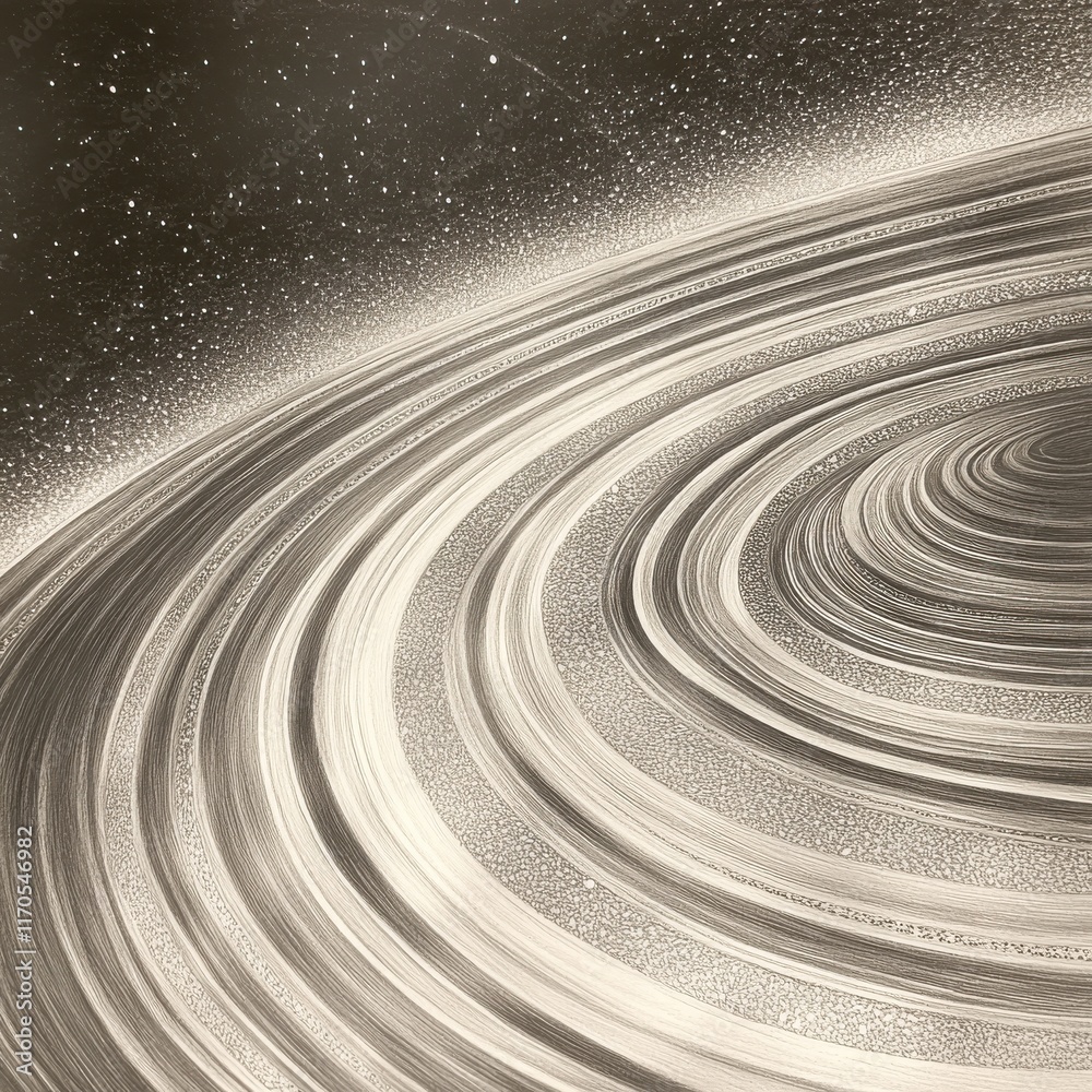 Poster Pencil rendering showcases a detailed planetary ring system in a cosmic setting with intricate textures and patterns