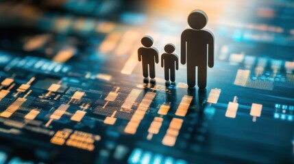 Family financial planning represented through digital figures on a data background reflecting modern money management techniques