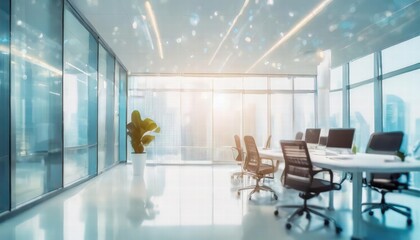 Beautiful Blurred Background of a Light Modern Office Interior with Panoramic Windows, Showcasing a Serene Workspace Designed for Productivity and Comfort, Ideal for Contemporary Business Environments