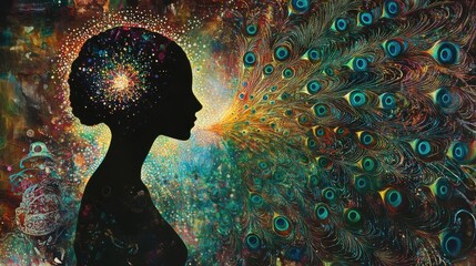 Mystical silhouette of a woman with vibrant peacock elements expressing creativity and imagination