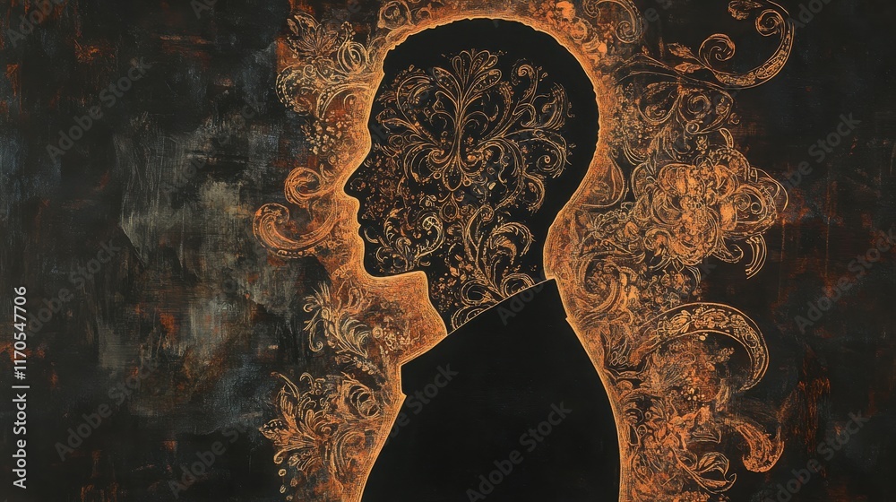 Poster Mystical profile of a man filled with intricate patterns and rich colors reflecting creative thought