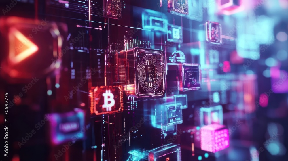 Aufkleber modern design illustrating cryptocurrency concepts with vibrant colors and digital elements in a fut