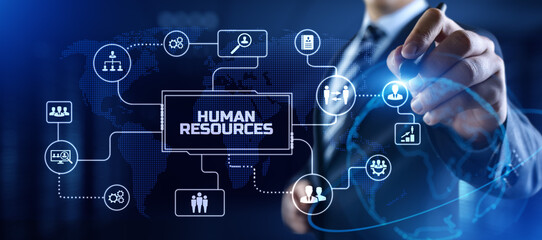 HR Human resources management Recruitment Headhunting. Businessman pressing button on screen.