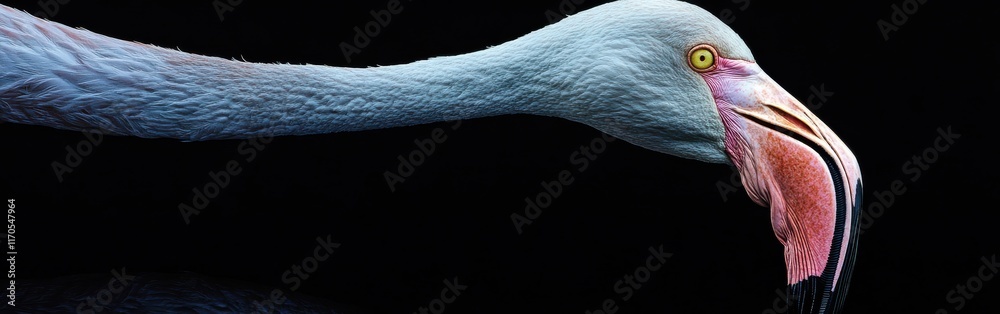 Poster Close-up of a flamingo showcasing intricate details of its beak and feathers against a dark background