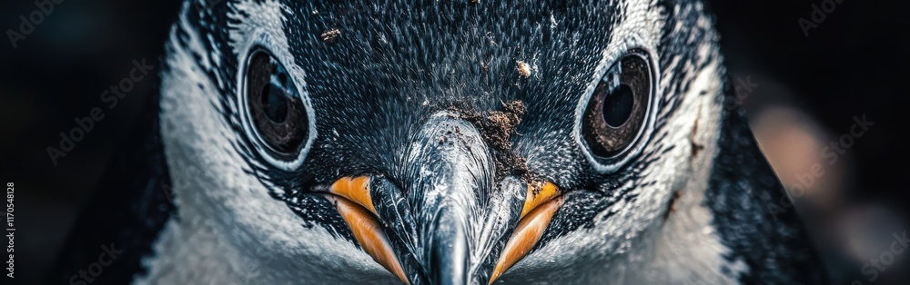 Poster Close-up view of a penguin's face displaying intricate details and unique features against a dark background
