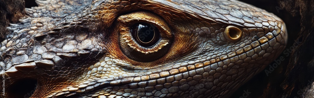 Poster close-up view of a bearded dragon's face showcasing intricate textures and vivid colors in a natural