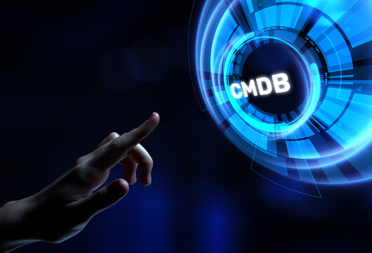 CMDB Configuration management database. Hands pressing button virtual screen.