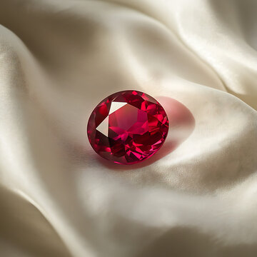 A macro shot of a cushion-cut ruby gemstone, with intricate facets reflecting light, set on a white silk fabric with smooth folds 