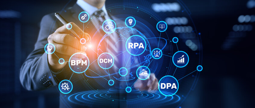 Business Process Automation and Technology Integration Illustrated with Key Elements of BPM, RPA, DCM, and DPA.