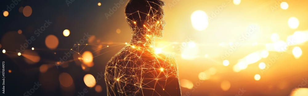 Aufkleber Glowing figure surrounded by light particles in an abstract setting at dusk