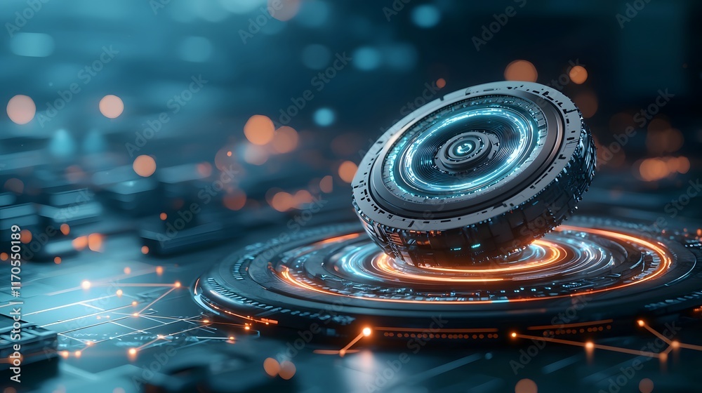 Poster quantum computing visualizing rotational kinetic energy in a spinning object showcasing energy trans