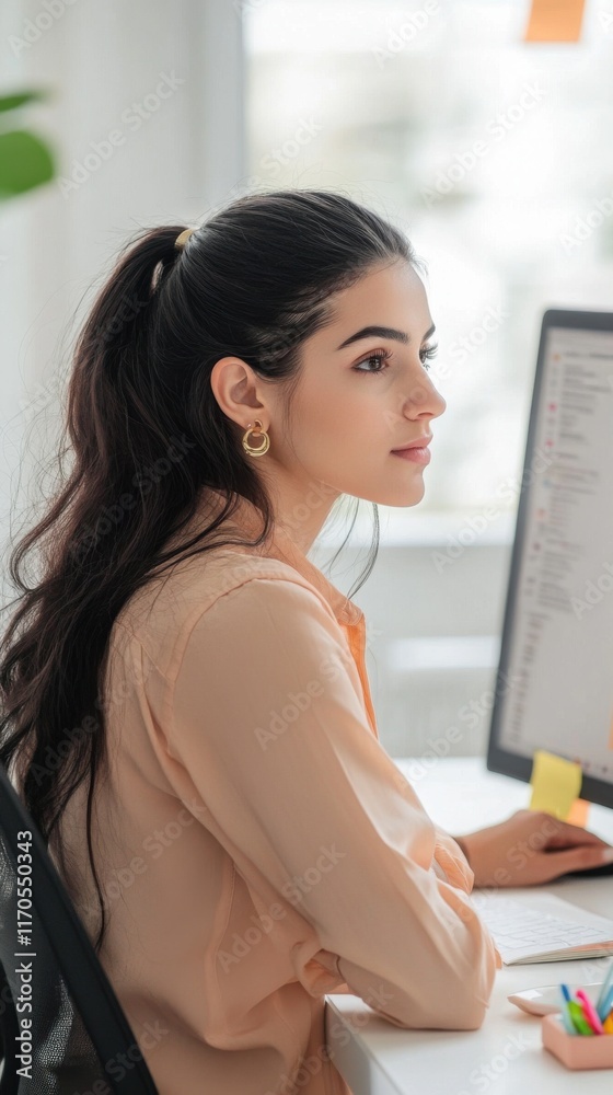 Poster young woman engaged in focused work at a computer in a bright and minimalist workspace during the da