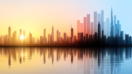 Obraz premium Stunning Sunset Over City Skyline Reflecting on Water Surface