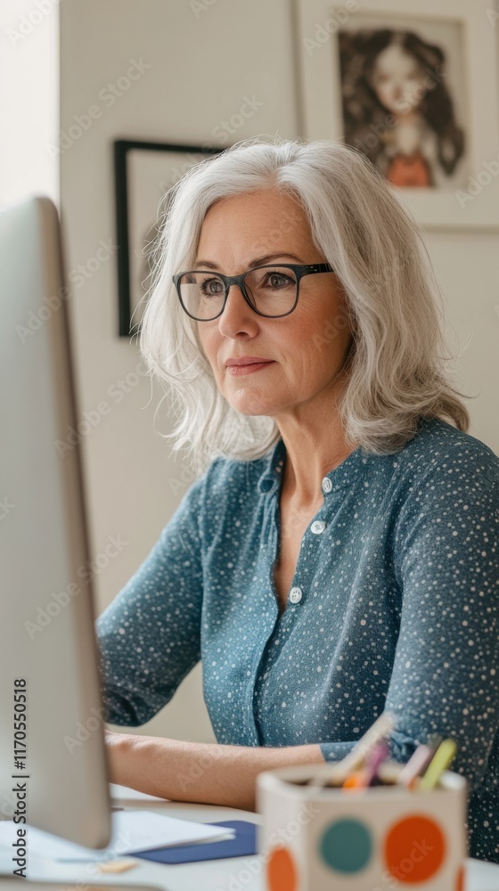 Aufkleber middle-aged woman using computer in a bright, minimalist workspace while engaging in focused work