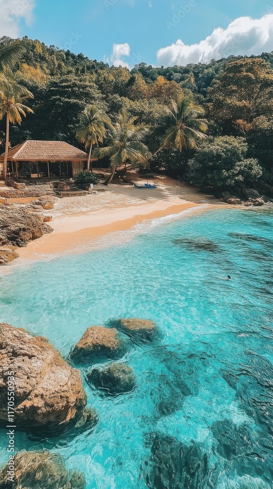 Aufkleber secluded beach with clear turquoise water and palm trees under a bright sky in a tranquil tropical s