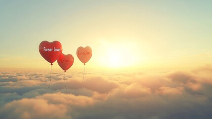 Fototapeta premium Romantic Heart-Shaped Balloons Floating Above the Clouds at Sunset Representing Love and Affection in a Dreamy Sky Setting