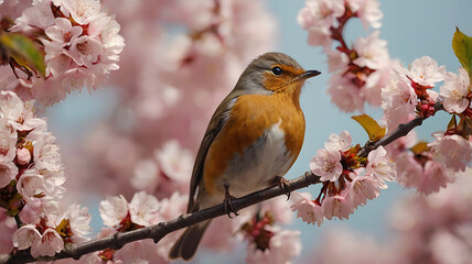 Obraz premium Bird perched on blossom branch. Hanami. Cherry Blossom Festival. Blooming sakura video. Macro photo of robin with pink cherry flowers. Spring wildlife and nature concept. Japanese nature background