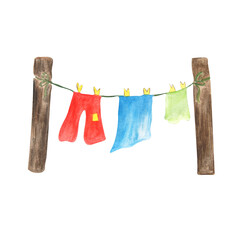 Clothesline on white background. Watercolor. Handmade. Can be used on packaging, stickers, compositions
