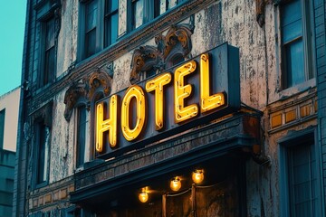 Illuminated Parisian hotel sign taken at dusk