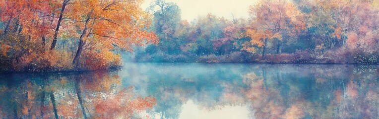 Obraz premium Serene autumn landscape reflecting vibrant colors over calm water in a tranquil setting