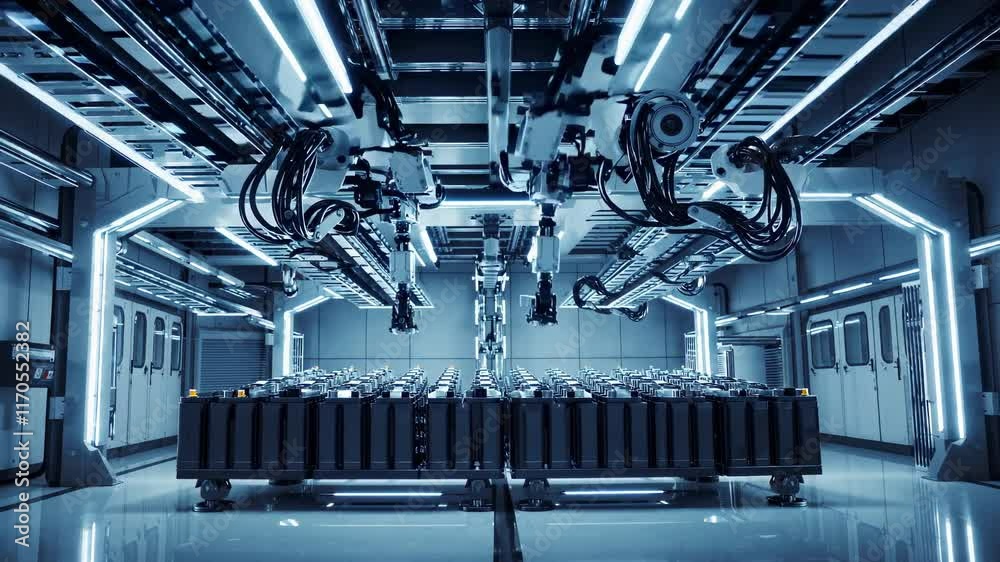 Poster advanced robotics system operates in a high-tech facility for automated production and assembly task