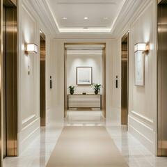 Elegant hotel corridor with elevators, neutral tones, and modern design.