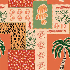Tropical patchwork seamless pattern. Abstract ethnic vector print with hand drawn palm tree, bananas. Jungle summer beach wallpaper. Hawaiian tribal elements, hibiscus, leopard spots illustration.