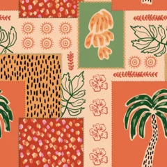 Tropical patchwork seamless pattern. Abstract ethnic vector print with hand drawn palm tree, bananas. Jungle summer beach wallpaper. Hawaiian tribal elements, hibiscus, leopard spots illustration.