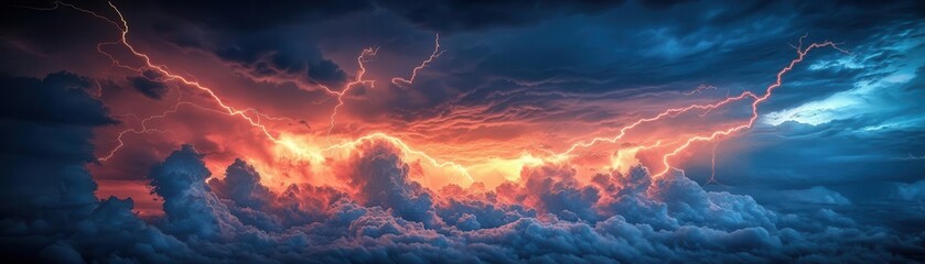 Naklejka premium High-saturation zigzag lightning bolts against a stormy sky, detailed clouds, and dramatic light effects