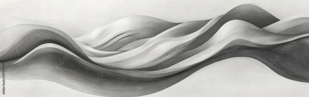 Poster soft curves and subtle pencil strokes create an elegant abstraction of flowing forms in grayscale to