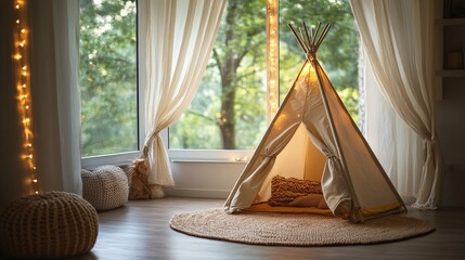A cozy child's room with a small tent and soft textiles, creating a welcoming and playful nursery interior.