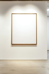 Fototapeta premium A minimalist background featuring a bright white wall with a sleek, empty golden frame in the center