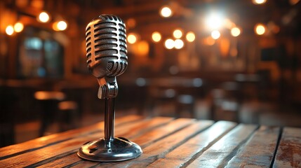 A moody recording studio setup with a microphone and warm lighting, perfect for podcasting or audio production.