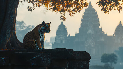A tiger sitting majestically under a banyan tree, with an ancient temple as the background, during a misty morning