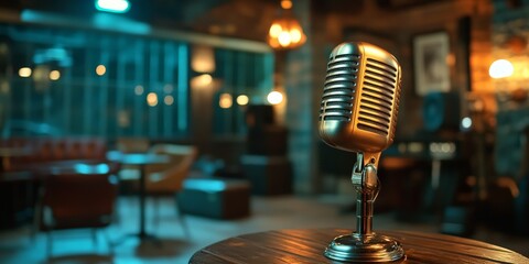 A moody recording studio setup with a microphone and warm lighting, perfect for podcasting or audio production.