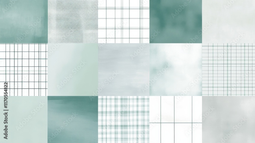 Poster Soft pastel gray and mint grid patterns create a soothing visual arrangement for design inspiration and relaxation